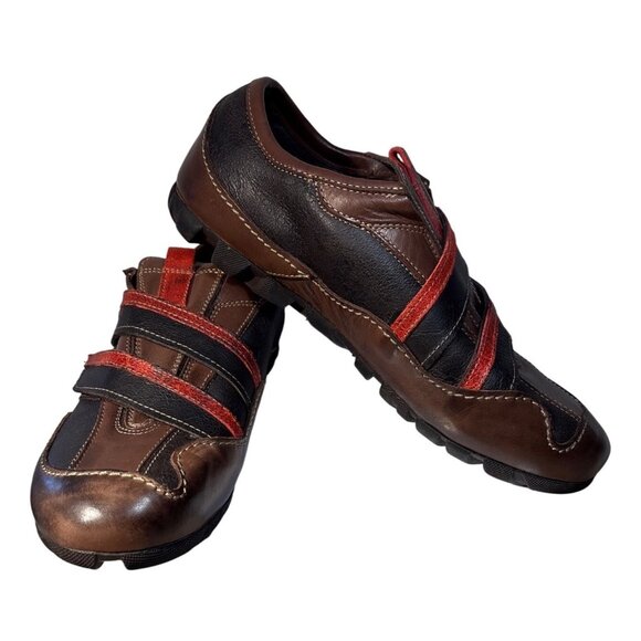 Robert Wayne Shoes Mens Size 7 Brown Leather Casual Sneakers Red & Black Straps - Picture 1 of 12